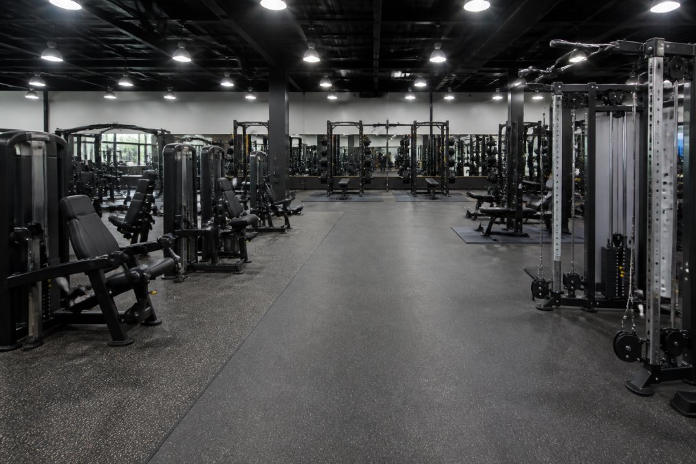 Well-organized gym floor featuring commercial strength training equipment sets with safe, spacious walkways.