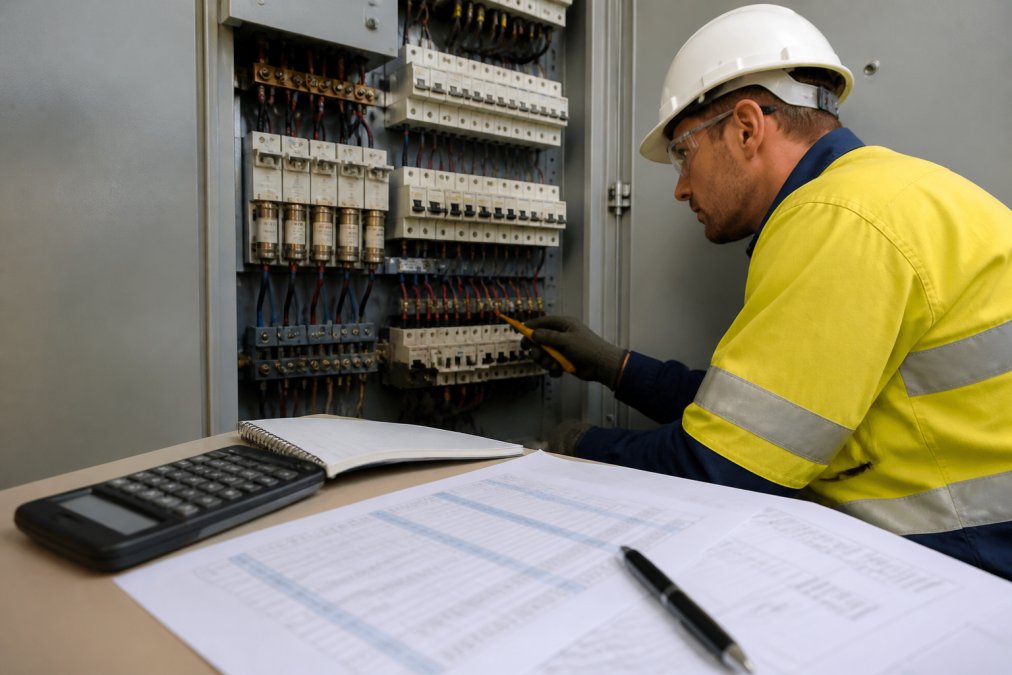 A licensed electrician in safety gear inspecting an open commercial switchboard with rows of circuit breakers, ceramic fuses and labelled wiring in a plant room