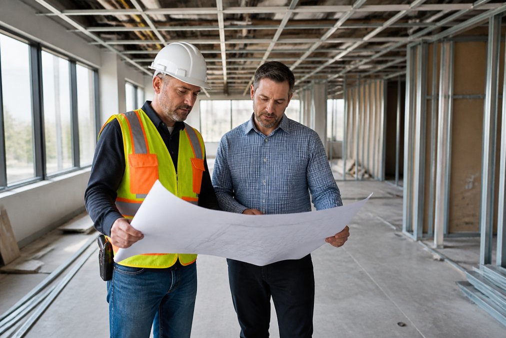 A general contractor in a hard hat and safety vest reviewing blueprints with a project manager inside a commercial space under renovation, exposed ceiling grid overhead, partition walls in progress, natural light through large windows