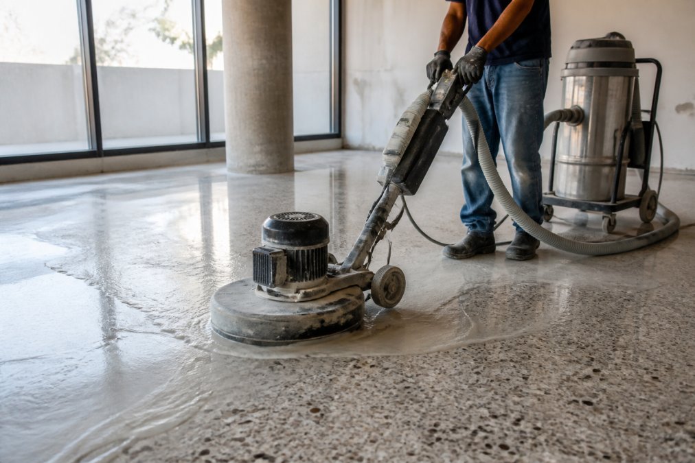 Professional contractor using diamond grinding equipment on commercial terrazzo floor with dust collection system visible, showing detailed polishing technique in action