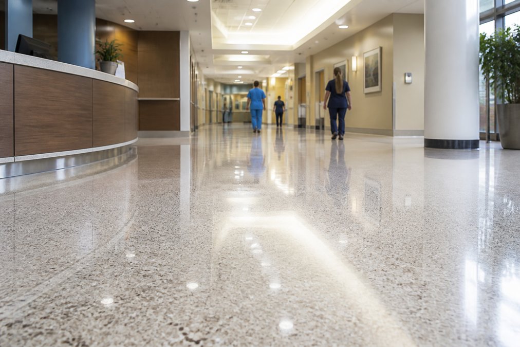 Wide shot of polished commercial terrazzo floor in hospital setting showing high-gloss finish reflecting overhead lighting, with facility staff visible in background
