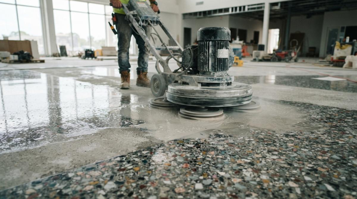 Diagram showing the diamond abrasive honing stage of the terrazzo installation process on a glossy floor.
