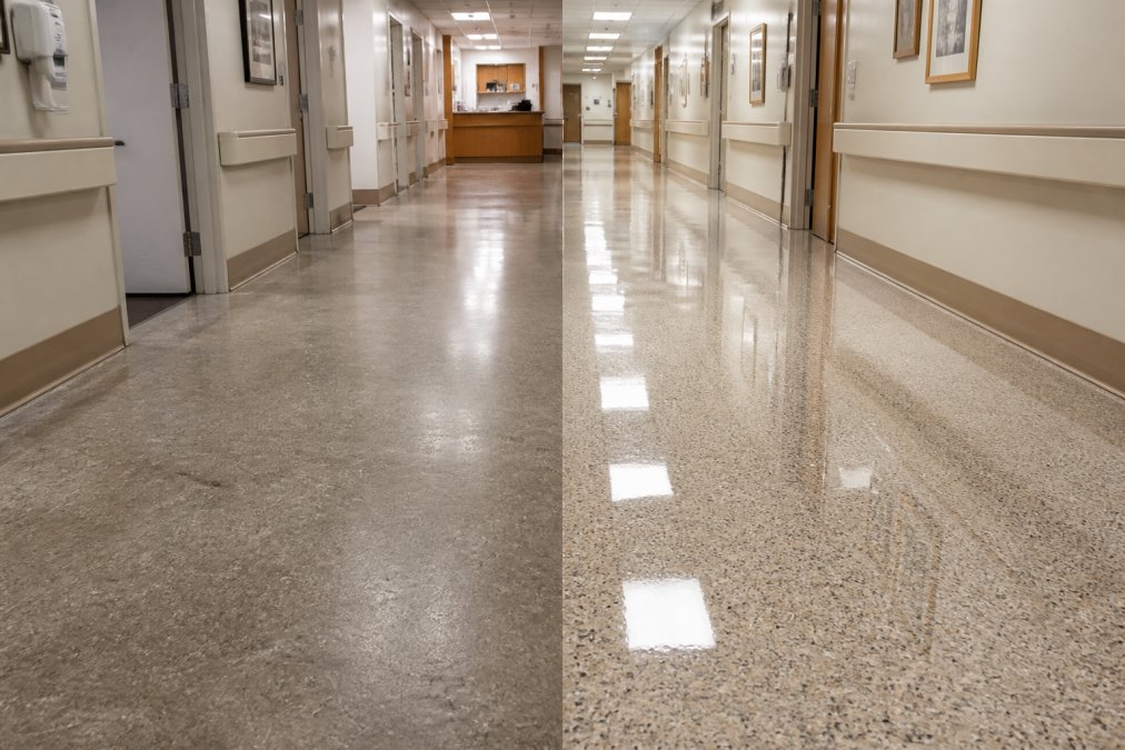 Split-screen photograph of the same commercial terrazzo floor in a hospital corridor, left side dull and stained with visible scratches under fluorescent lighting, right side high-gloss and uniform reflecting the ceiling lights