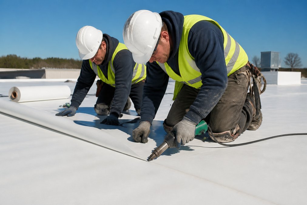 Two roofing contractors in safety gear and high-visibility vests heat-welding TPO membrane seams on a flat commercial rooftop under clear blue skies, with a hot-air welding gun visible and white membrane rolls in the background