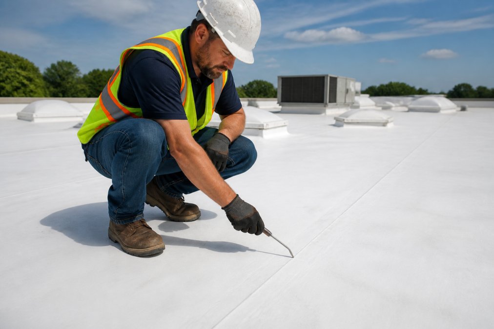 A roofing specialist in a high-visibility safety vest crouching on a white TPO membrane surface on a commercial building rooftop, closely examining a seam with a probe tool on a bright afternoon
