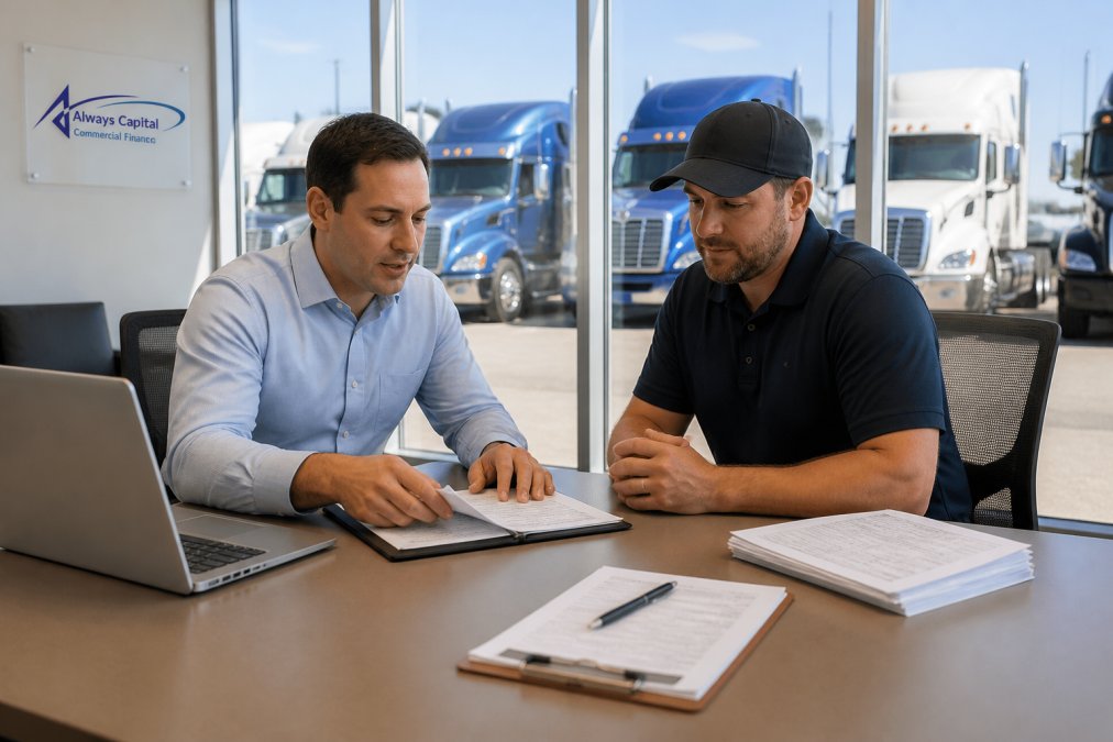 A commercial truck dealer and a finance manager reviewing paperwork and a laptop at a dealership desk, with a row of semi-trucks visible through the window behind them