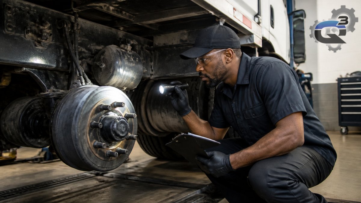 Professional technician performing detailed safety inspection on commercial truck's brake system and undercarriage in well-lit service bay with diagnostic equipment