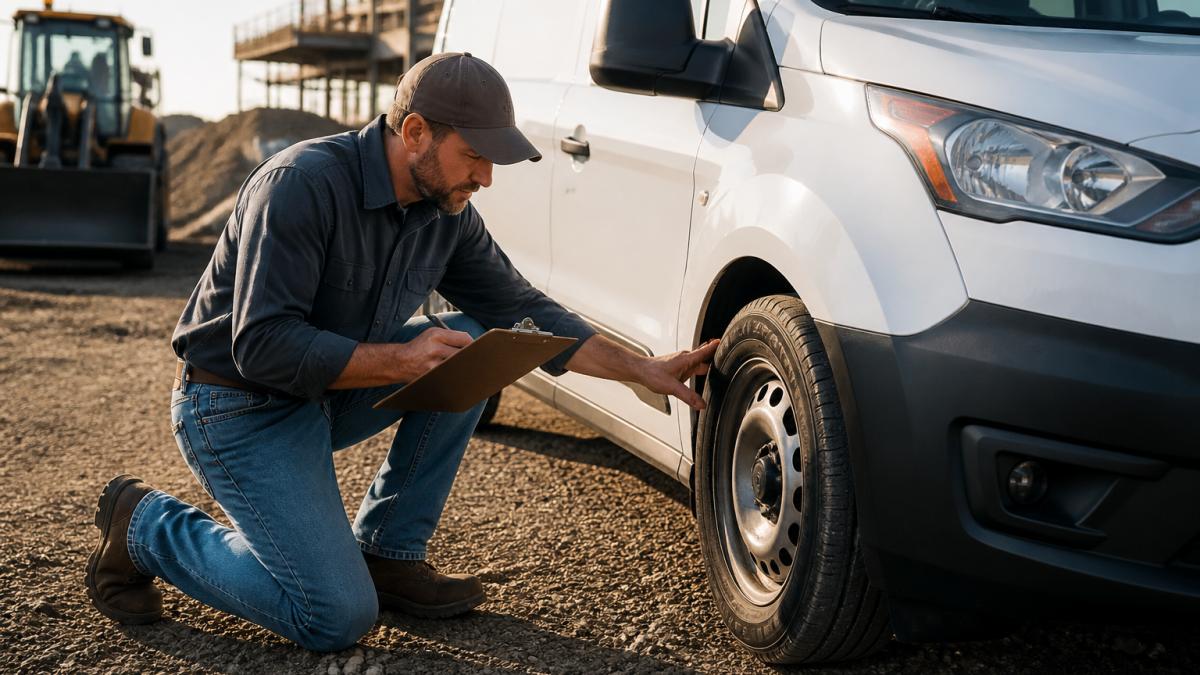 A small business owner in work clothes holding a clipboard, inspecting a white commercial work van in a gravel lot at a job site, checking tires and lights in morning sunlight