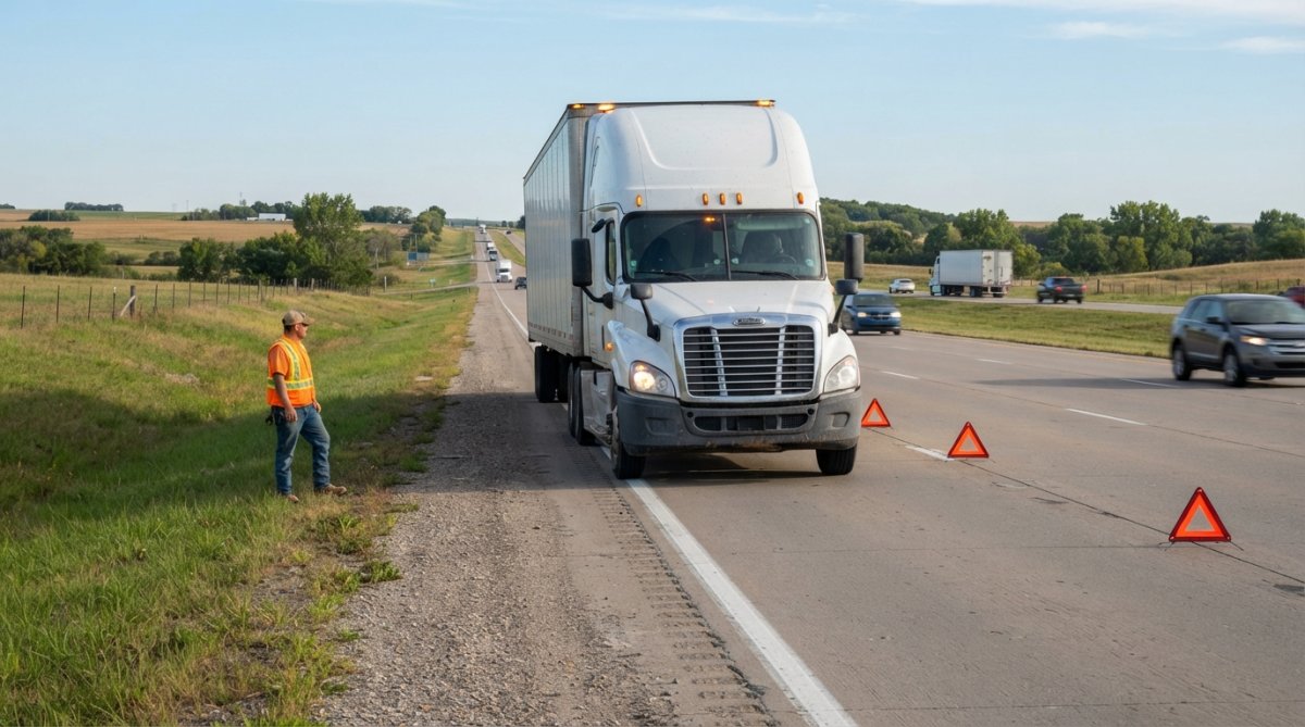 A semi-truck parked on the shoulder of a highway with hazard lights flashing, orange safety triangles positioned 100 feet behind the vehicle on the roadway, driver standing safely away from traffic in daylight conditions