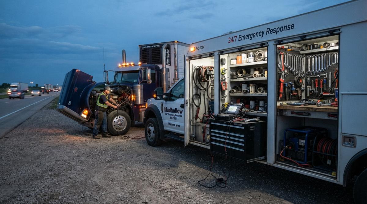 A fully equipped mobile diesel repair service truck with open service bay doors showing diagnostic computer equipment, replacement parts organized in compartments, and specialized tools visible, parked alongside a disabled semi-truck on the roadside during evening conditions