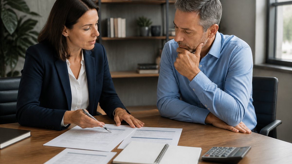 Business owner and insurance advisor reviewing policy documents and discussing coverage options at a professional desk in a modern office setting with natural lighting