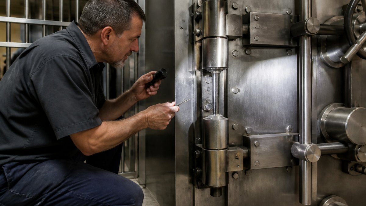 Professional locksmith technician in uniform carefully examining commercial vault door hinges and lockwork with specialized diagnostic tools in a secure facility