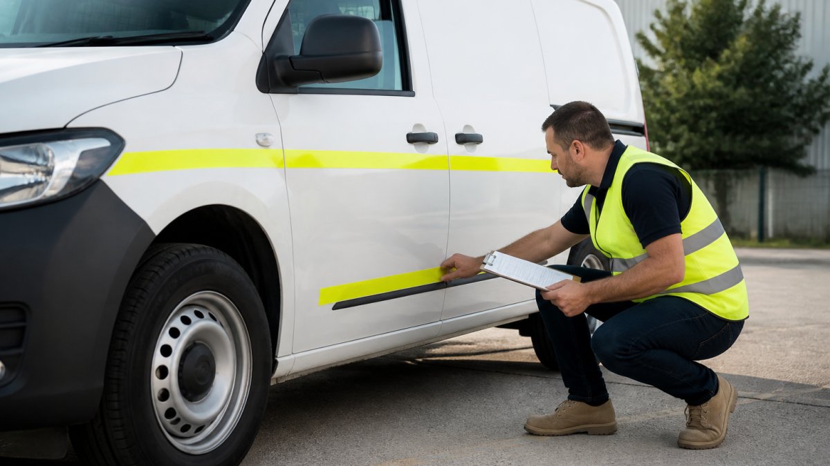 A fleet manager in a high-visibility vest inspecting the side of a white commercial van with branded signage, holding a clipboard and checking reflective markings in daylight