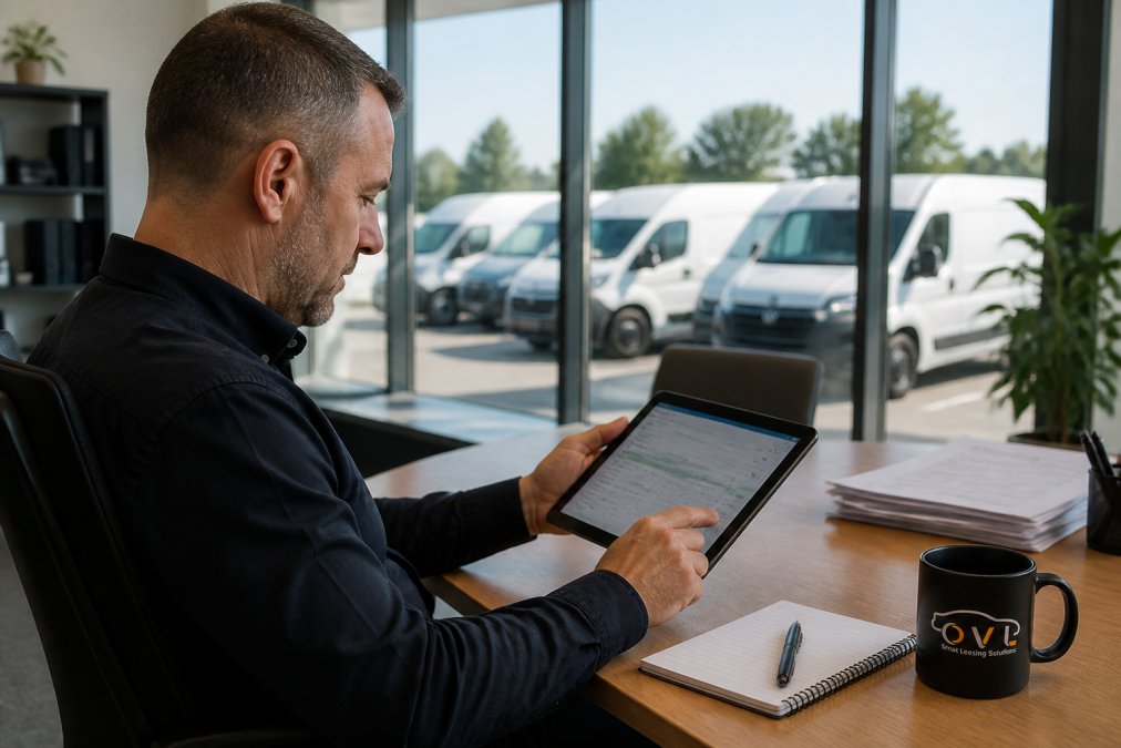 Fleet manager reviewing commercial vehicle maintenance schedules on tablet in modern office with parked vans visible through large windows in background