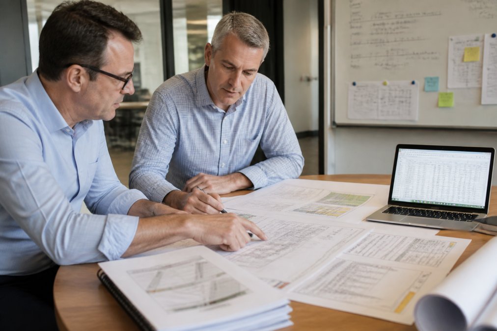 Commercial manager and director reviewing financial models and site plans during a commercial viability assessment process