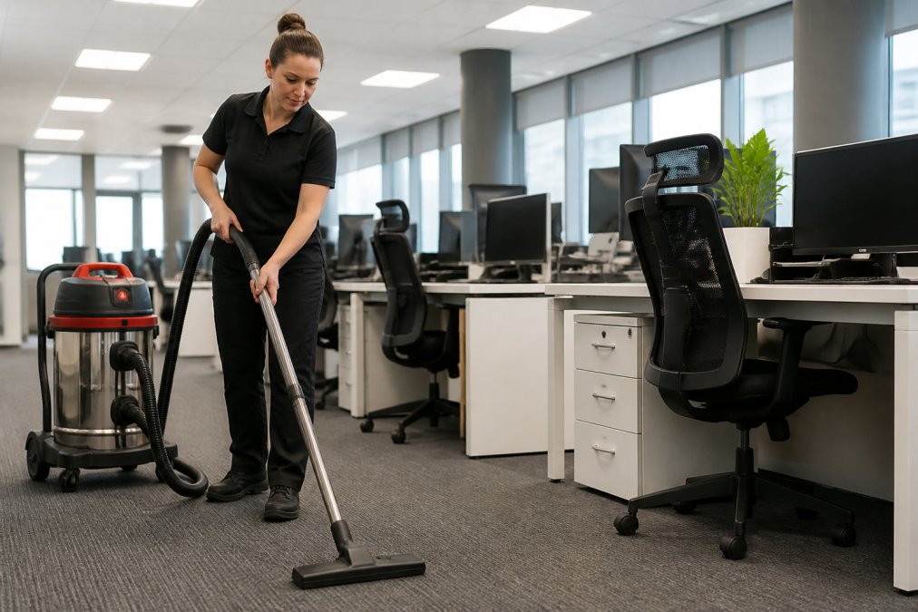 Professional cleaner using industrial-grade backpack vacuum and microfibre cleaning cloths on multiple office workstations with natural daylight from large windows