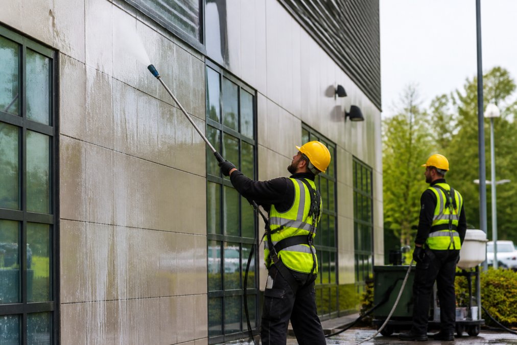 Professional exterior cleaning team applying soft washing solution to commercial building facade with safety equipment visible and controlled water spray application