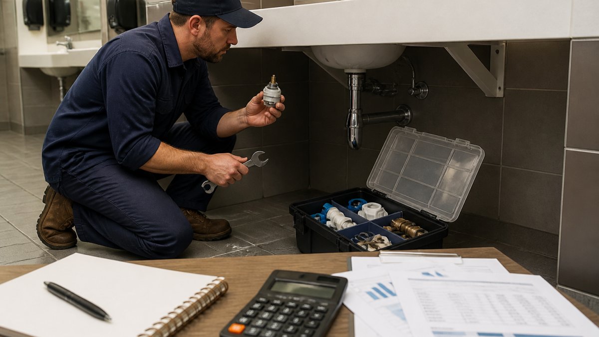 A maintenance technician in uniform kneeling under a commercial bathroom sink, holding a replacement cartridge and wrench, with an open parts kit box beside him on the floor