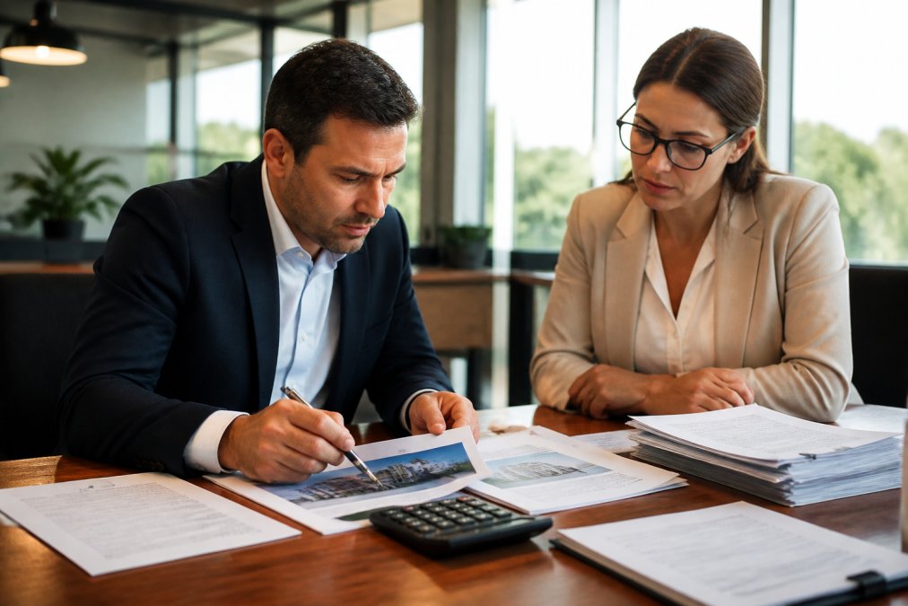 Professional real estate investor and commercial lender reviewing loan documents, financial spreadsheets, and property appraisals at a wooden desk in a modern office with natural window lighting