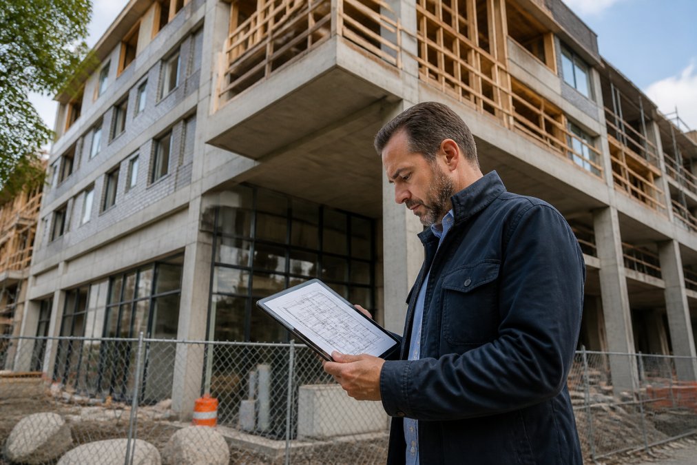 Real estate investor standing in front of a mixed-use commercial property under development, reviewing architectural blueprints and construction plans on a tablet in natural daylight