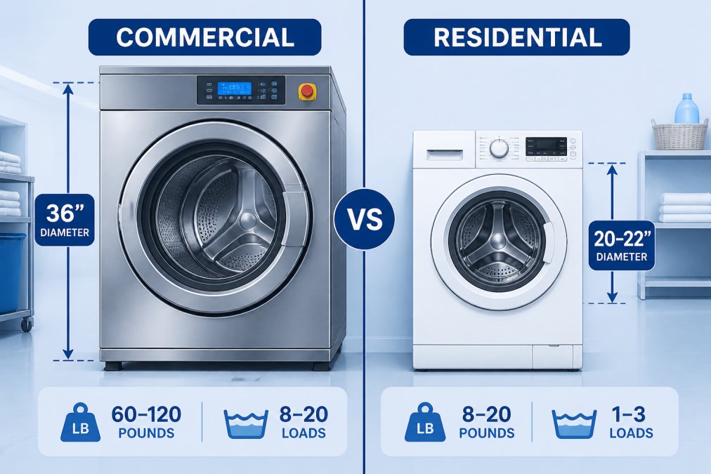 Side-by-side comparison of a large stainless steel commercial-grade washer drum next to a standard residential washer drum in a professional laundry facility, showing the significant size and construction differences