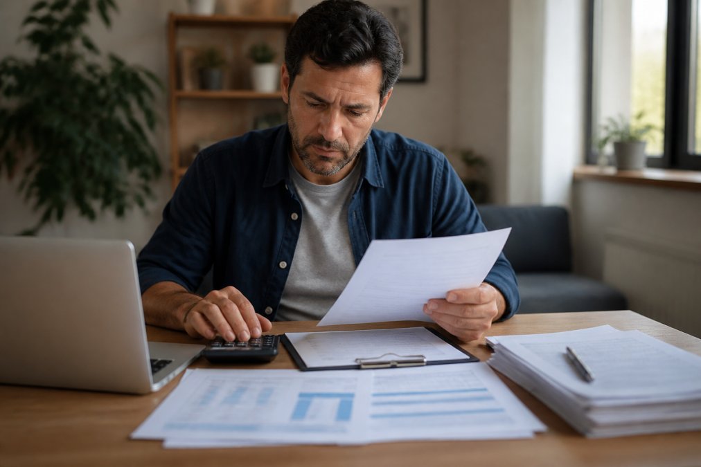 Small business owner reviewing equipment purchase documents, warranty paperwork, and cost calculations at a desk with a calculator, laptop, and financial spreadsheets