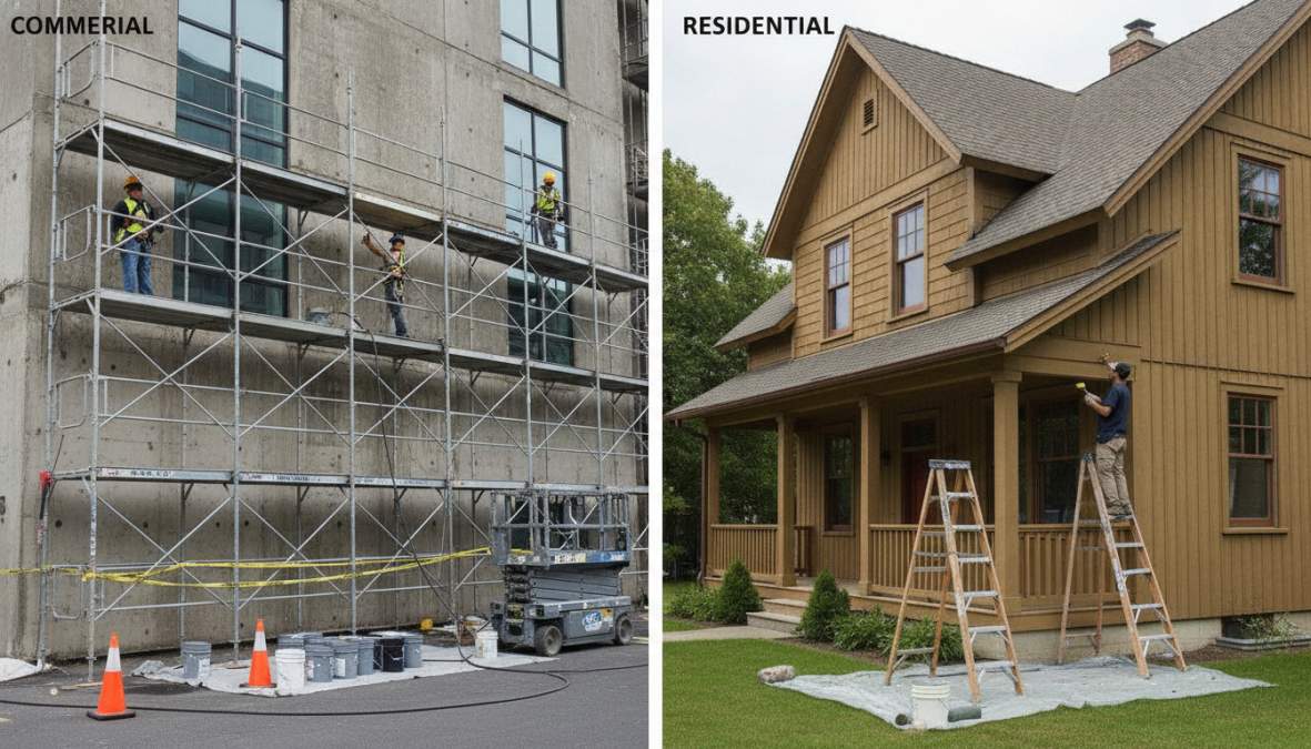 Professional painter applying commercial-grade paint to multi-story office building exterior with safety scaffolding and harnesses visible