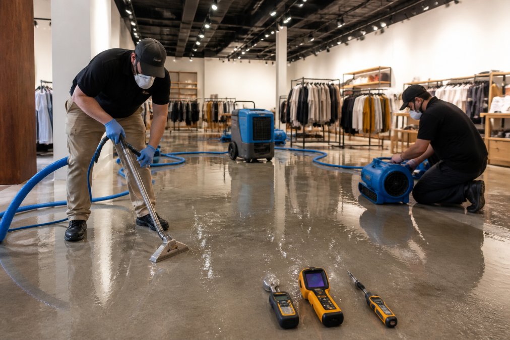 Technicians using commercial water damage extraction tools and air movers to dry a flooded retail store interior.