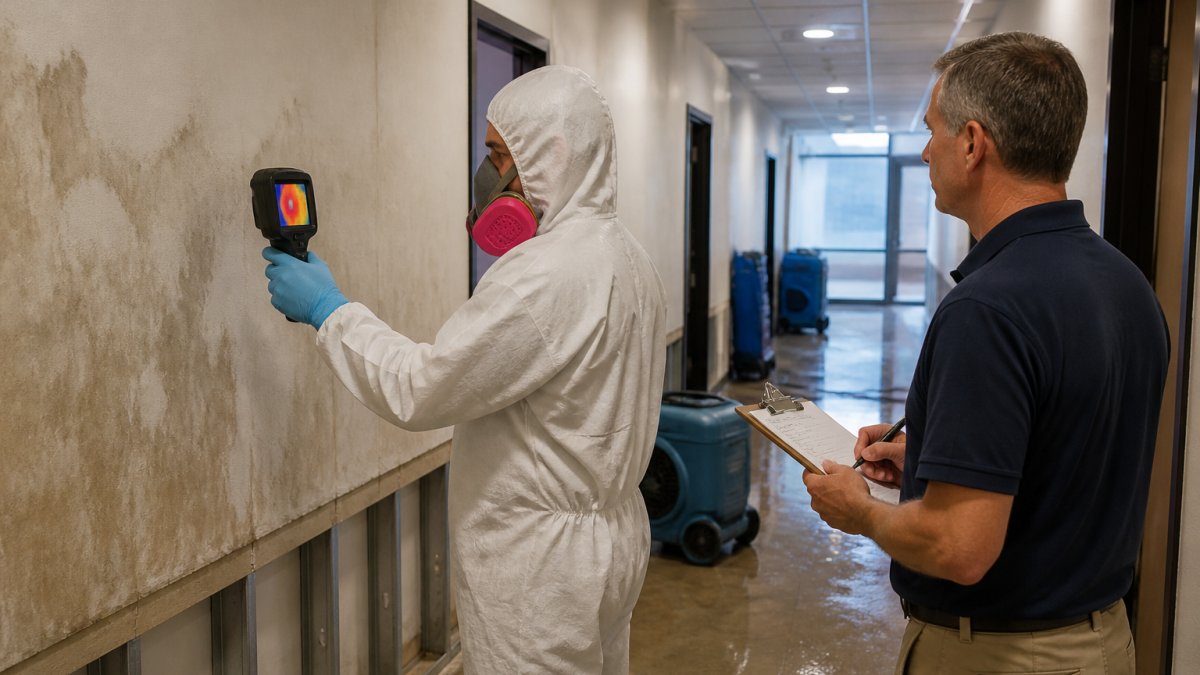 Technician using thermal imaging for water damage restoration in an office hallway with a facility manager