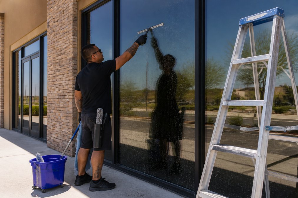 A uniformed window cleaning technician using a squeegee on a large commercial storefront window in bright Arizona sunlight, with a ladder and bucket visible nearby