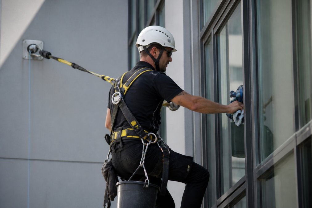 Professional window cleaner wearing complete safety harness system with secured lanyard attached to building anchor point, demonstrating OSHA-compliant fall protection setup on commercial building exterior