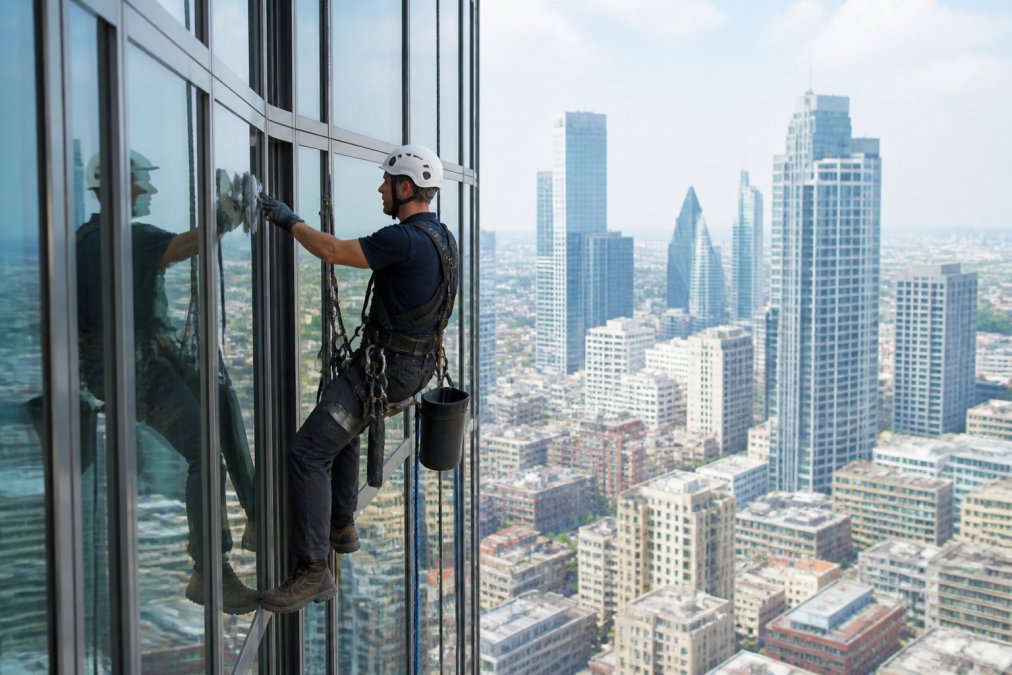 Professional technician secured with full harness and safety equipment performing rope access abseiling on a high-rise building façade, with city skyline visible in background and safety lines anchored to roof structure
