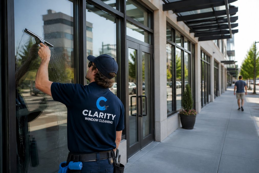 A professional window cleaner in a branded uniform using a squeegee on a large storefront window of a small retail business, with a clean and polished storefront visible in a commercial district