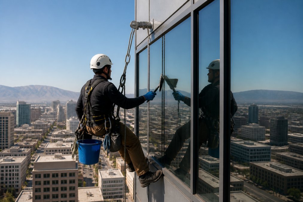 A window cleaning technician in full safety harness and helmet, secured to an anchor point on the exterior of a high-rise office building, with a city skyline visible in the background on a clear morning