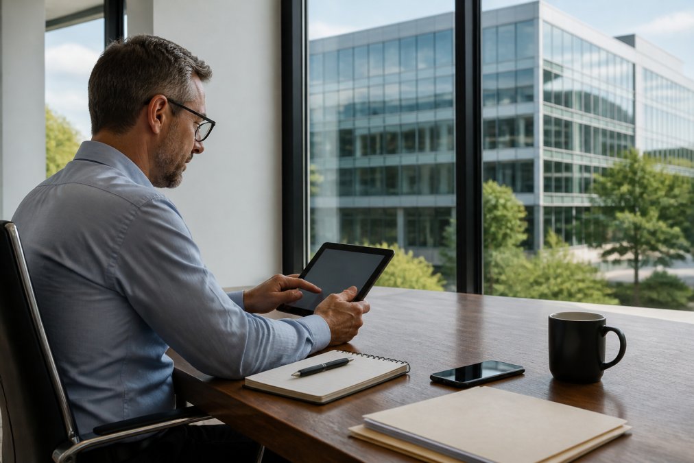 A facilities manager seated at a modern desk reviewing a digital maintenance report on a tablet, with a large glass office building visible through the window behind them in natural daylight