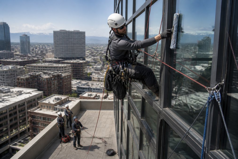 Technician using rope access for commercial window cleaning safety with ground support team visible below