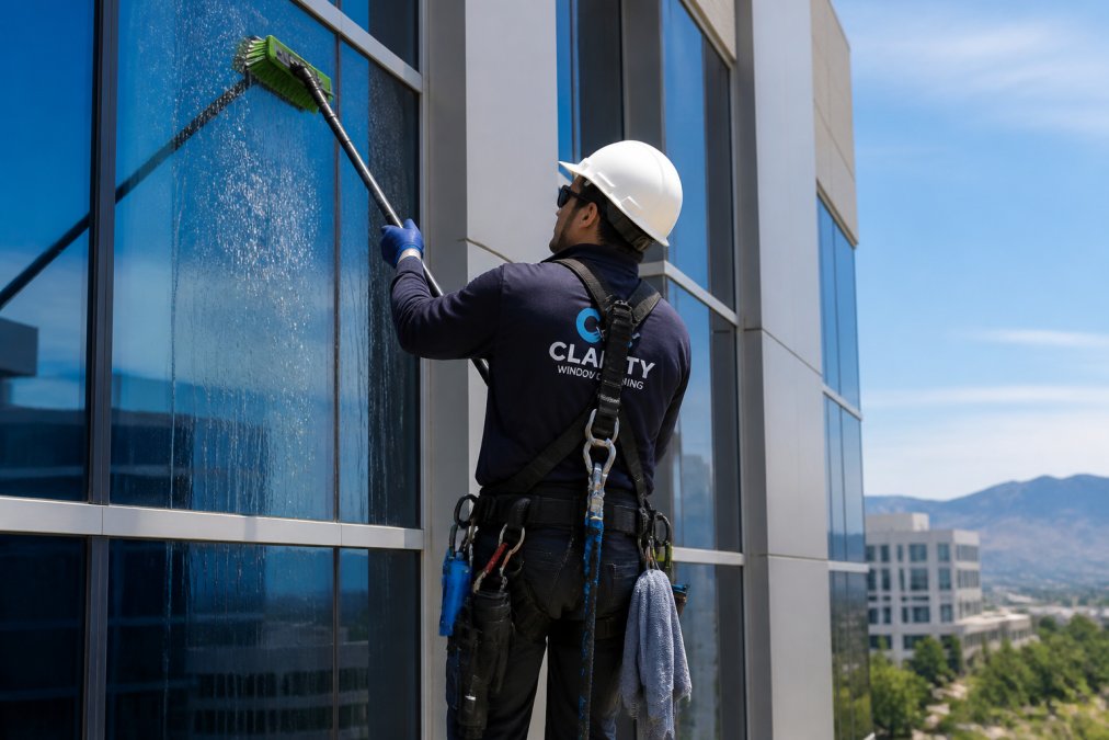 Certified commercial window cleaning technician in full OSHA-compliant safety gear including harness, helmet, and gloves using water-fed pole system on exterior of tall commercial building facade, demonstrating professional safety standards and specialized equipment