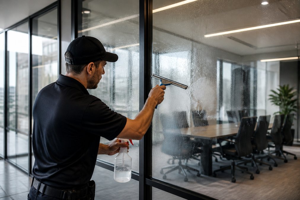 Professional installer using a squeegee to apply commercial window film to a large glass pane in an office.