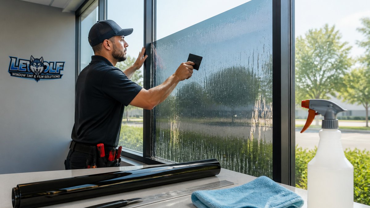 Professional installer applying window film to commercial glass using a squeegee, with microfiber cloth and spray bottle visible on the work surface, demonstrating proper technique under bright natural light