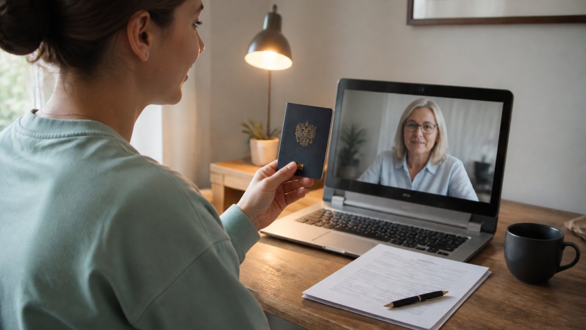 Person verifying their identity via video call with a commissioner of oaths from a home office desk