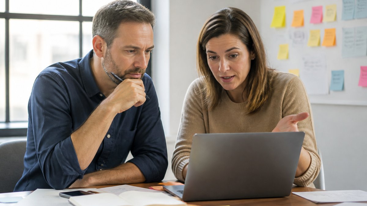 A sales manager and a marketing colleague reviewing a pipeline dashboard on a laptop in a bright office, with sticky notes and whiteboard diagrams visible in the background