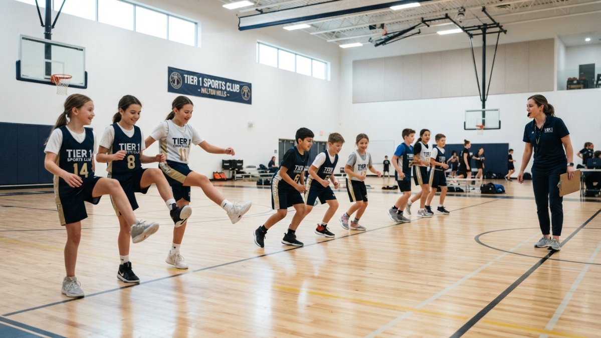 Young basketball players performing dynamic warm-up movements on a court including leg swings, lateral shuffles, and light jogging with a coach observing in modern gymnasium setting with bright overhead lighting