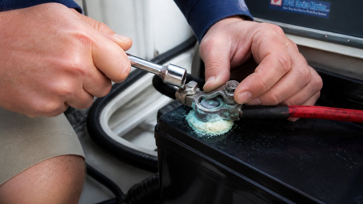 Hands using a wrench to remove a corroded terminal clamp from a marine battery in an engine compartment.