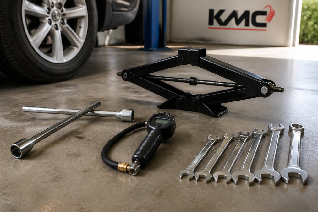 A basic car repair toolkit laid out on a clean garage floor, showing a scissor jack, wheel brace, digital tyre pressure gauge, and a set of metric spanners under bright natural light