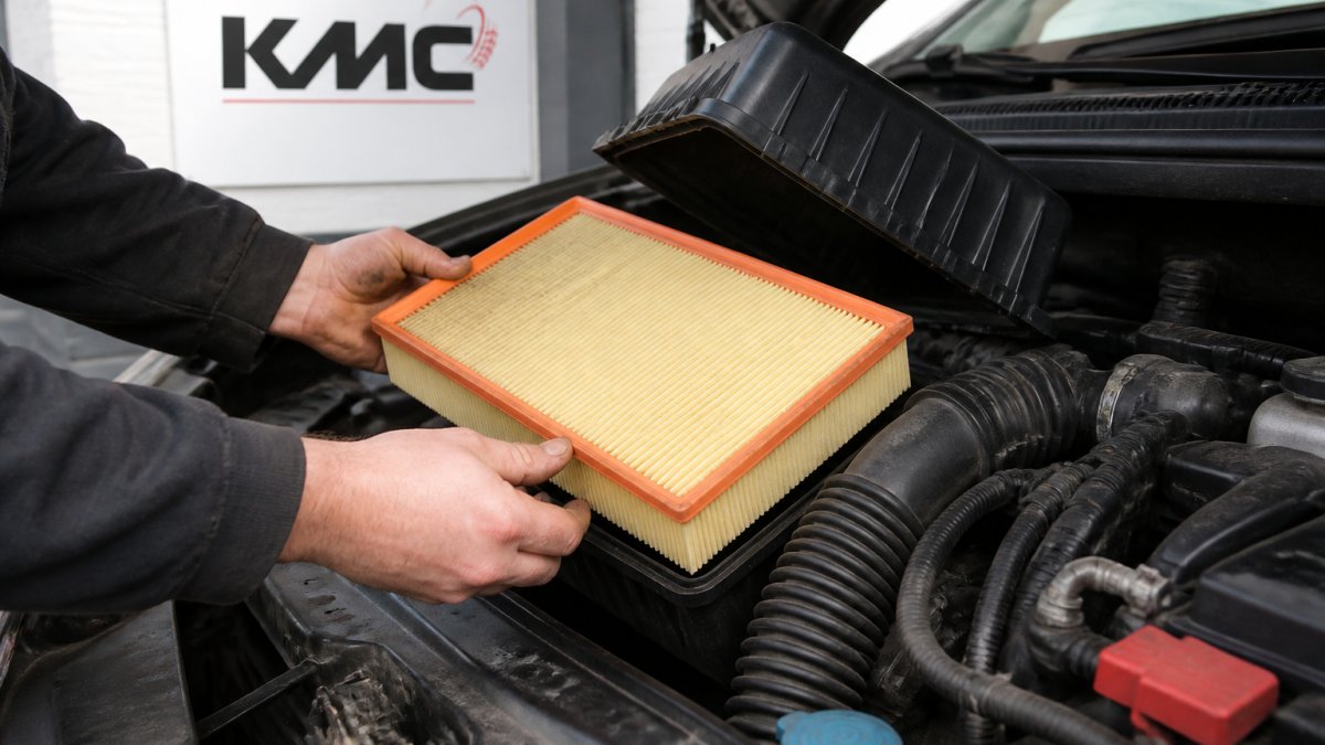 Close-up of hands removing an air filter from under a car bonnet, showing the filter element clearly and the surrounding engine compartment with natural daylight