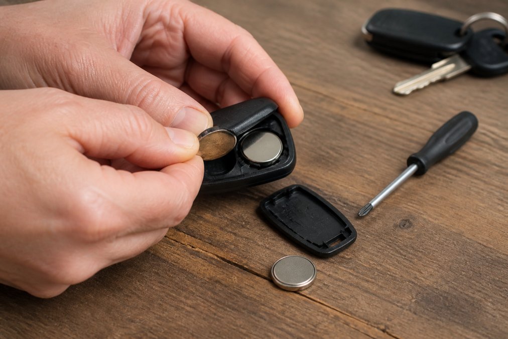Close-up of hands using a coin to pry open a car key fob casing, revealing the coin cell battery compartment with a fresh lithium battery ready for installation