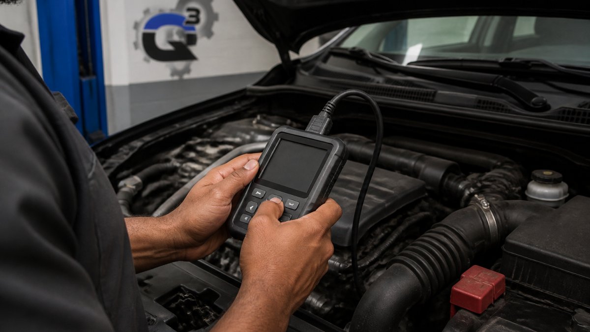 Professional technician's hands holding an OBD-II diagnostic scanner connected to a vehicle's diagnostic port, with the scanner screen displaying fault codes and trouble code numbers