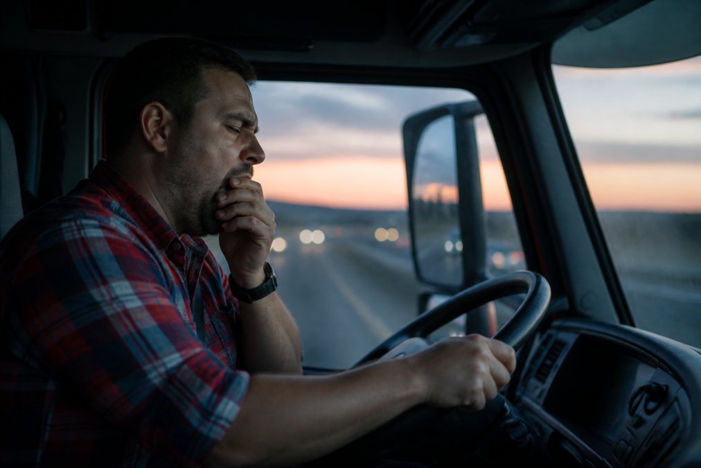 A tired commercial truck driver gripping the steering wheel inside the cab of a big rig at dusk, showing visible signs of exhaustion and fatigue during a long haul on an interstate highway