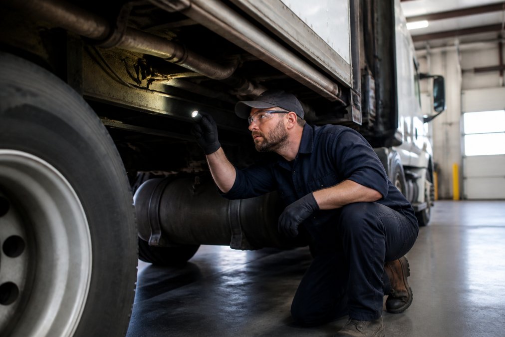 A fleet mechanic inspecting the undercarriage, brake lines, and tire condition of a commercial tractor-trailer during a pre-trip inspection in a well-lit service bay