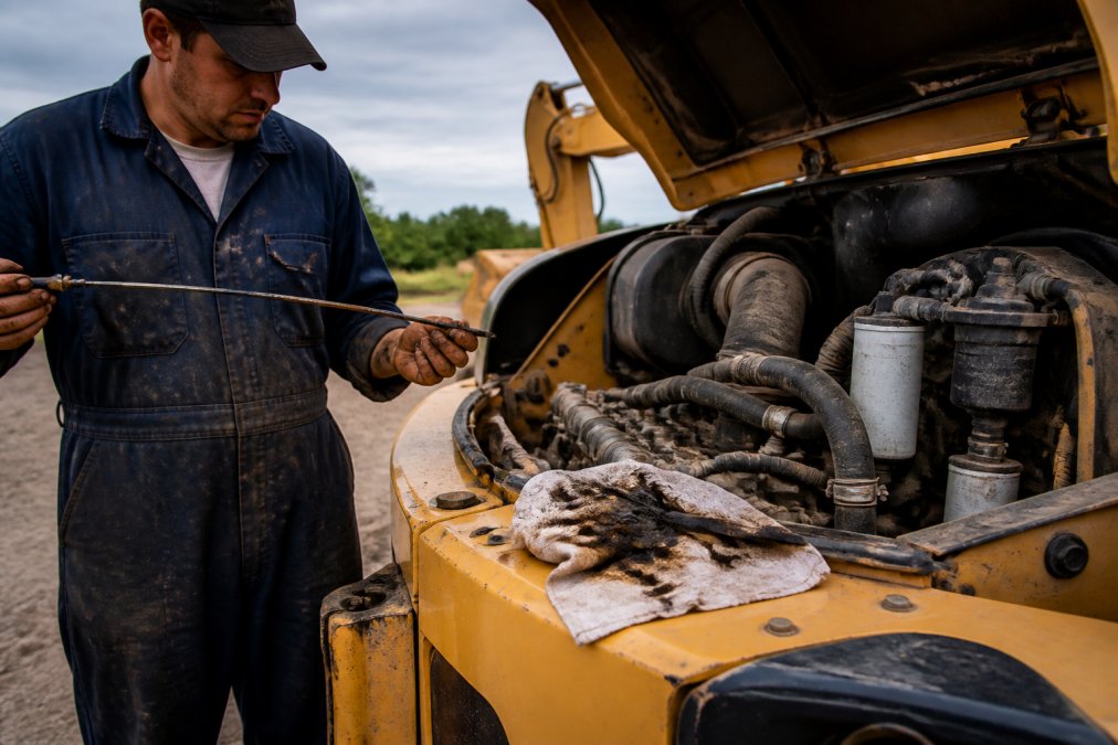 A mechanic in work clothes checking the oil dipstick on a construction excavator engine, with a dirty oil sample visible on a rag nearby